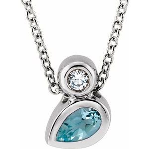 Ladies 5x3 mm Pear Natural Aquamarine Natural Diamond Necklace (I1, G-H) — Sterling Silver