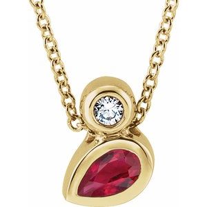Ladies 5x3 mm Pear Natural Ruby Natural Diamond Necklace (I1, G-H) — 14K Yellow Gold