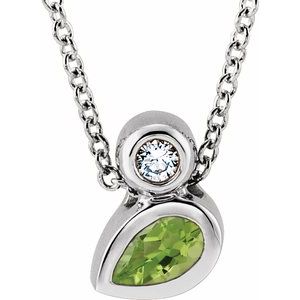 Ladies 5x3 mm Pear Natural Peridot Natural Diamond Necklace (Si2-Si3, G-H) — Platinum
