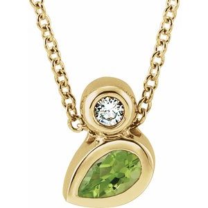 Ladies 5x3 mm Pear Natural Peridot Natural Diamond Necklace (I1, G-H) — 14K Yellow Gold