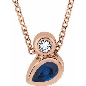 Ladies 5x3 mm Pear Natural Blue Sapphire Natural Diamond Necklace (I1, G-H) — 14K Rose Gold