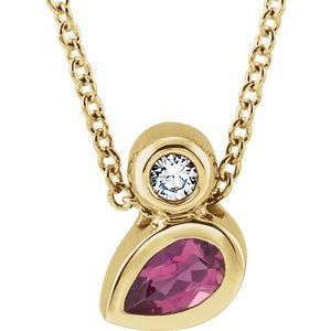 Ladies 5x3 mm Pear Natural Pink Tourmaline Diamond Necklace (I1, G-H) — 14K Yellow Gold