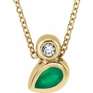 Ladies 5x3 mm Pear Natural Emerald Natural Diamond Necklace (I1, G-H) — 14K Yellow Gold