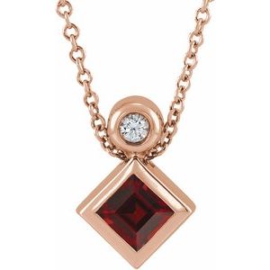Ladies 4x4 mm Square Natural Mozambique Garnet Natural Diamond Necklace (I1, G-H) — 14K Rose Gold
