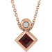 Ladies 4x4 mm Square Natural Mozambique Garnet Natural Diamond Necklace (I1, G-H) — 14K Rose Gold