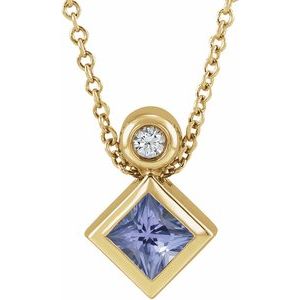 Ladies 4x4 mm Square Natural Tanzanite Natural Diamond Necklace (I1, G-H) — 14K Yellow Gold