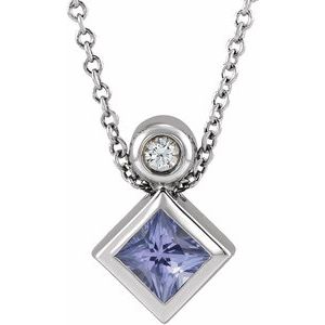 Ladies 4x4 mm Square Natural Tanzanite Natural Diamond Necklace (Si2-Si3, G-H) — Platinum