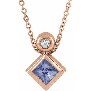 Ladies 4x4 mm Square Natural Tanzanite Natural Diamond Necklace (I1, G-H) — 14K Rose Gold