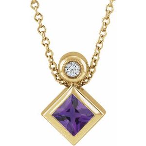 Ladies 5x3 mm Pear Natural Amethyst Natural Diamond Necklace (I1, G-H) — 14K Yellow Gold