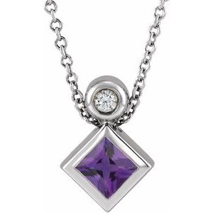 Ladies 4x4 mm Square Natural Amethyst Natural Diamond Necklace (Si2-Si3, G-H) — Platinum
