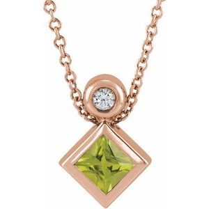 Ladies 5x3 mm Pear Natural Peridot Natural Diamond Necklace (I1, G-H) — 14K Rose Gold
