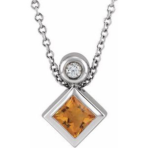Ladies 4x4 mm Square Natural Citrine Natural Diamond Necklace (Si2-Si3, G-H) — Platinum