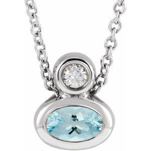 Ladies 5x3 mm Oval Natural Aquamarine Natural Diamond Necklace (Si2-Si3, G-H) — Platinum