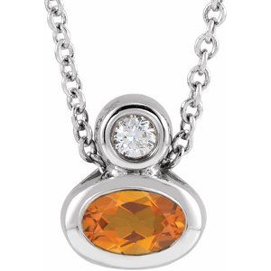 Ladies 5x3 mm Oval Natural Citrine Natural Diamond Necklace (I1, G-H) — 14K White Gold