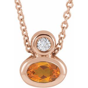 Ladies 5x3 mm Oval Natural Citrine Natural Diamond Necklace (I1, G-H) — 14K Rose Gold