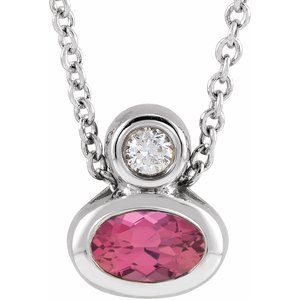Ladies 5x3 mm Oval Natural Pink Tourmaline Natural Diamond Necklace (Si2-Si3, G-H) — Platinum