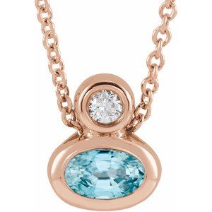 Ladies 5x3 mm Pear Natural Blue Zircon Natural Diamond Necklace (I1, G-H) — 14K Rose Gold