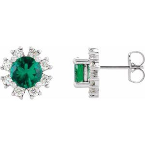Ladies Natural Emerald Natural Diamond Earrings — Sterling Silver