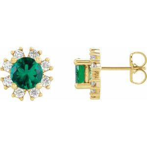 Ladies Natural Emerald Natural Diamond Earrings — 14K Yellow Gold