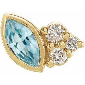 Ladies Natural Blue Zircon Natural Diamond Left Earring — 14K Yellow Gold