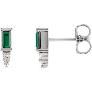 Ladies Natural Green Tourmaline Natural Diamond Bar Earrings — Sterling Silver
