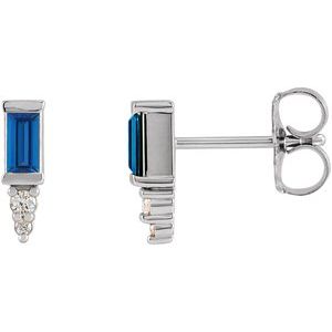Ladies Natural Blue Sapphire Natural Diamond Bar Earrings — 14K White Gold
