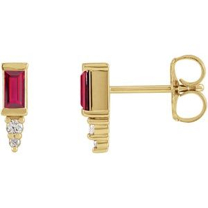 Ladies Natural Ruby Natural Diamond Bar Earrings — 14K Yellow Gold