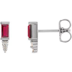 Ladies Natural Ruby Natural Diamond Bar Earrings — 14K White Gold