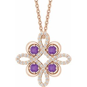 Ladies Natural Amethyst Natural Diamond Clover Necklace (I1, G-H) — 14K Rose Gold