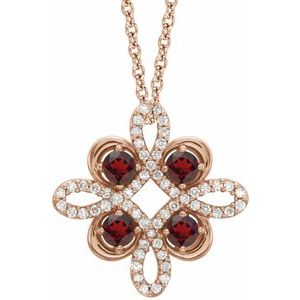 Ladies Natural Mozambique Garnet Natural Diamond Clover Necklace (I1, G-H) — 14K Rose Gold