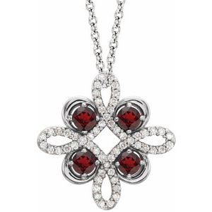 Ladies Natural Mozambique Garnet Natural Diamond Clover Necklace (I1, G-H) — 14K White Gold