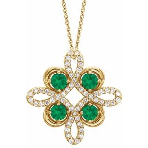 Ladies Natural Emerald Natural Diamond Clover Necklace (I1, G-H) — 14K Yellow Gold