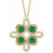 Ladies Natural Emerald Natural Diamond Clover Necklace (I1, G-H) — 14K Yellow Gold