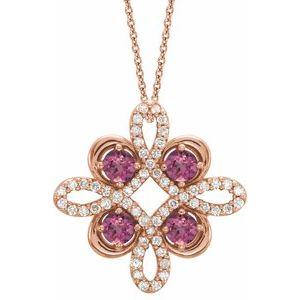 Ladies Natural Pink Tourmaline Natural Diamond Clover Necklace (I1, G-H) — 14K Rose Gold