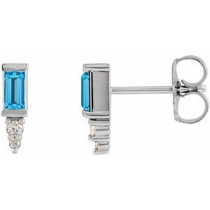 Ladies Natural Swiss Blue Topaz Natural Diamond Bar Earrings — Sterling Silver