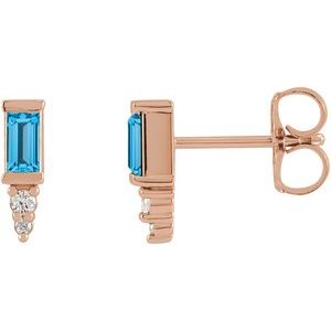 Ladies Natural Swiss Blue Topaz Natural Diamond Bar Earrings — 14K Rose Gold