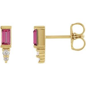 Ladies Natural Pink Tourmaline Natural Diamond Bar Earrings — 14K Yellow Gold