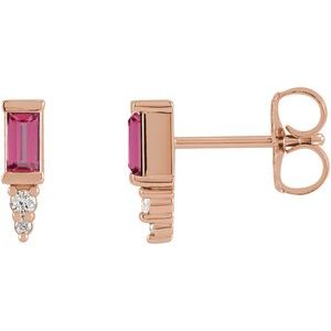 Ladies Natural Pink Tourmaline Natural Diamond Bar Earrings — 14K Rose Gold
