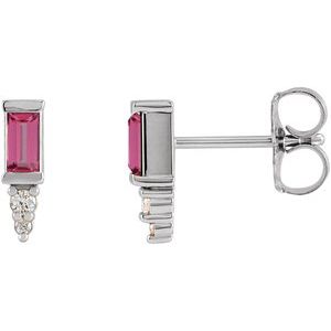 Ladies Natural Pink Tourmaline Natural Diamond Bar Earrings — Sterling Silver