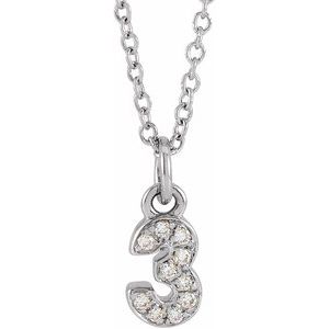 Ladies Petite Pavé® Natural Diamond Numeral 3 Necklace (I1, H+) — 14K White Gold