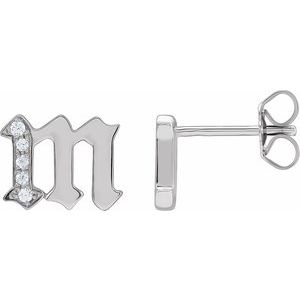 Ladies Natural Diamond Gothic Initial M Earring (I1, H+) — 14K White Gold
