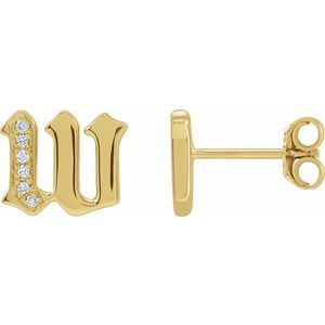 Ladies Natural Diamond Gothic Initial W Earring (I1, H+) — 14K Yellow Gold