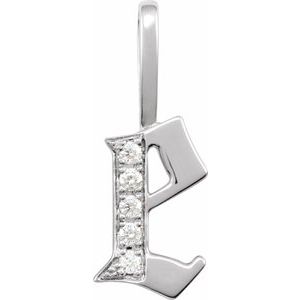 Ladies Natural Diamond Gothic Initial E Charm/Pendant (I1, H+) — 14K White Gold