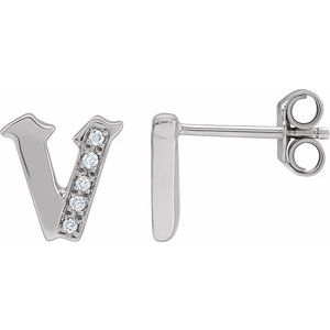 Ladies Natural Diamond Gothic Initial V Earring (I1, H+) — 14K White Gold