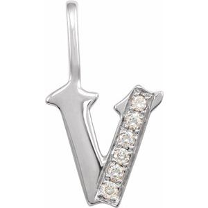 Ladies Natural Diamond Gothic Initial V Charm/Pendant (I1, H+) — 14K White Gold