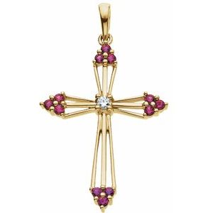Ladies Natural Ruby Natural Diamond Cross Pendant (I1, G-H) — 14K Yellow Gold