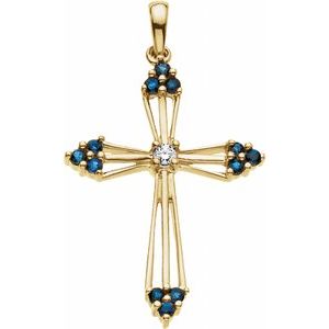 Ladies Natural Blue Sapphire Natural Diamond Cross Pendant (I1, G-H) — 14K Yellow Gold