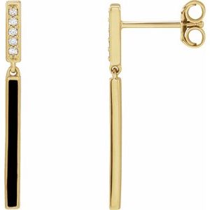 Ladies Natural Diamond Black Enamel Bar Earrings — 14K Yellow Gold