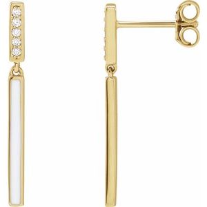 Ladies Natural Diamond White Enamel Bar Earrings — 14K Yellow Gold