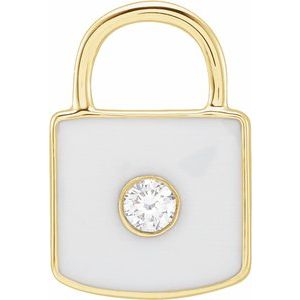 Ladies Natural Diamond White Enamel Lock Charm/Pendant — 14K Yellow Gold